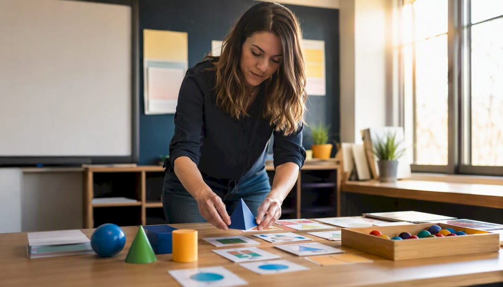 Teacher arranging tactile and visual learning materials