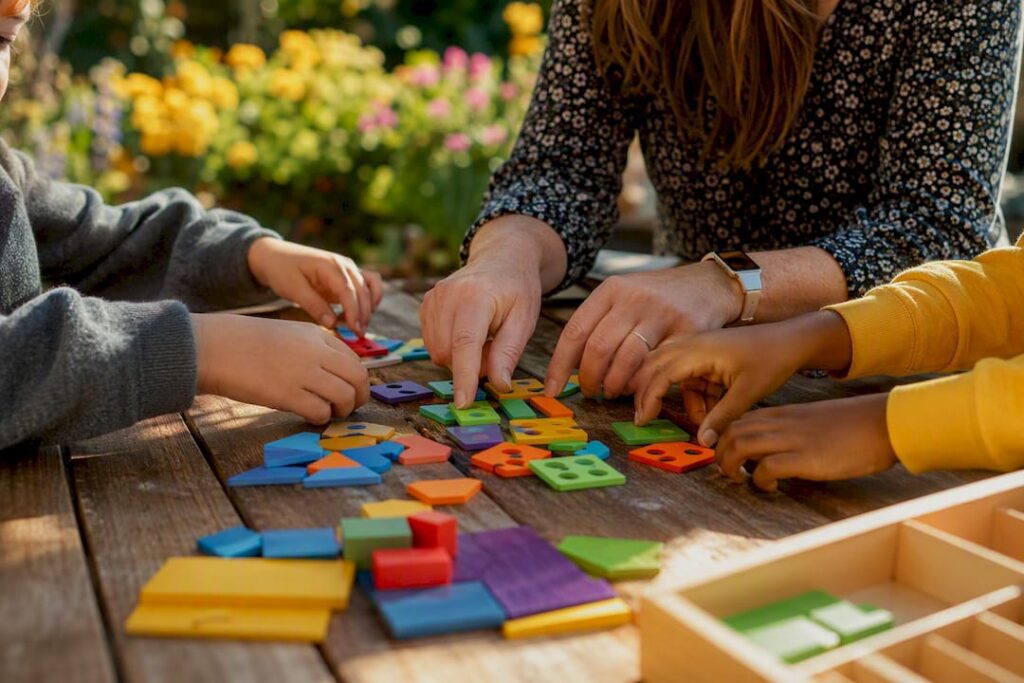 Hands arranging learning materials in group activity