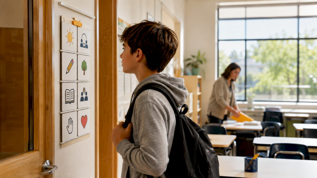 Student checking a classroom visual schedule