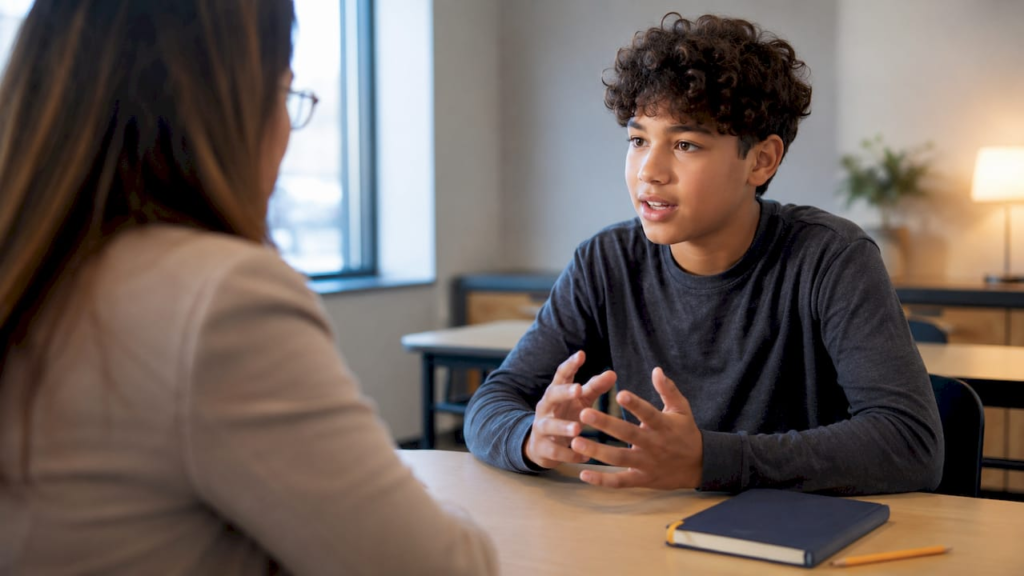 Student explaining reasoning to teacher