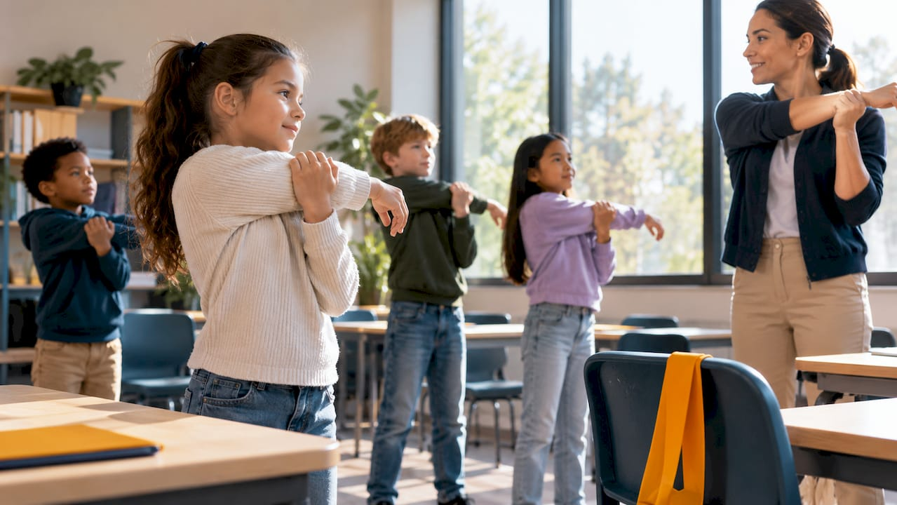 Students doing a classroom movement break